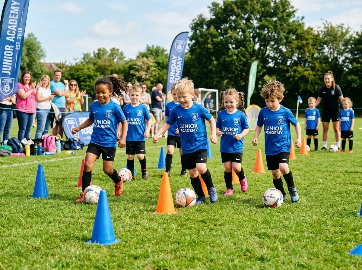 Young boys and girls dribbling soccer balls around cones at Naas AFC Sunday Academy