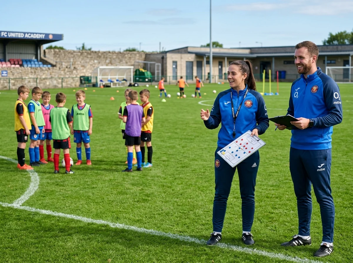 Naas AFC volunteer coaches with tactical clipboard and training drills on football pitch