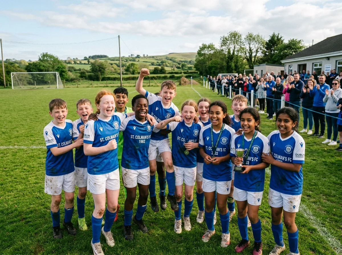 Naas AFC competitive and non-competitive youth football players celebrating together on grass pitch