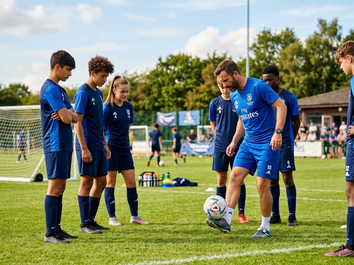 Qualified UEFA soccer coach demonstrating ball technique to youth players on training pitch